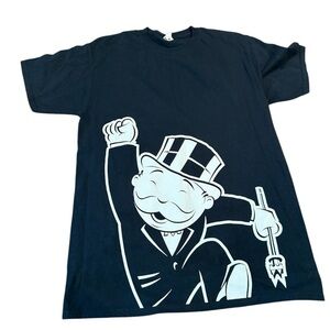 🙂 2015 MONOPOLY Mr. Monopoly Rich Uncle Pennybags Black Graphic Tee Shirt